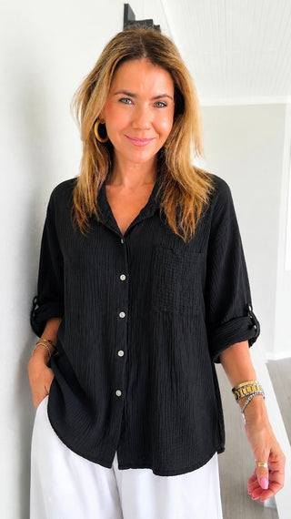 Breezy Gauze Italian Button Up Top- Black