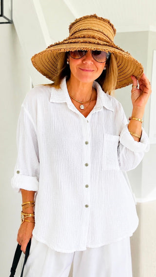 Breezy Gauze Italian Button Up Top- White