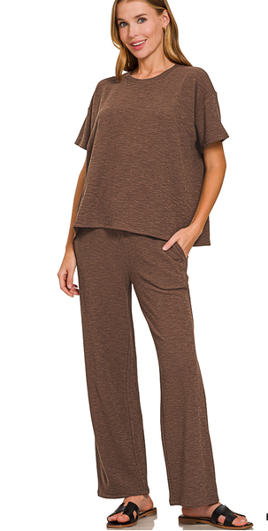 Relax Mode Two-Piece Slub Knit Set - Brown-210 Loungewear/Sets-Zenana-Coastal Bloom Boutique, find the trendiest versions of the popular styles and looks Located in Indialantic, FL