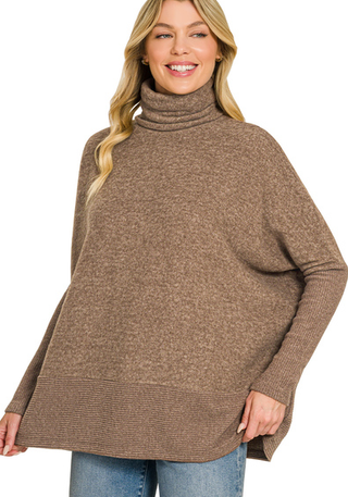 Relaxed Turtleneck Poncho Sweater  - Brown