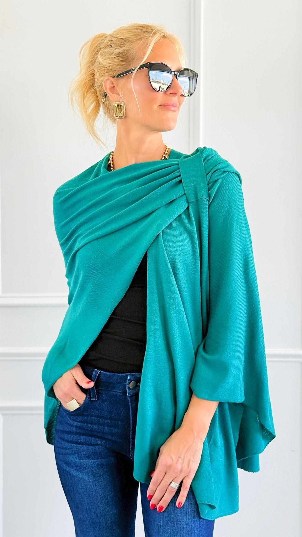 Brunch-Approved Wrap Poncho - Teal-150 Cardigans/Layers-NYW-Coastal Bloom Boutique, find the trendiest versions of the popular styles and looks Located in Indialantic, FL