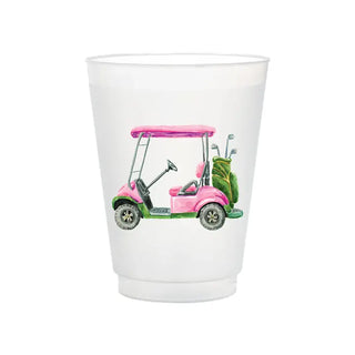 White cup with a pink golf cart design on a white background