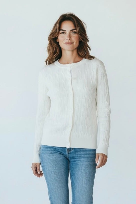 Cable Knit Crew Neck Cardigan - Ivory-150 Cardigans/Layers-Cielo-Coastal Bloom Boutique, find the trendiest versions of the popular styles and looks Located in Indialantic, FL