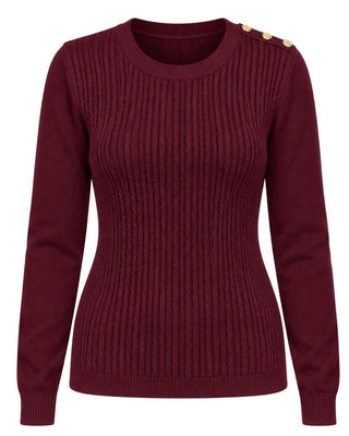 Cable Knit Crew Neck Sweater - Burgundy