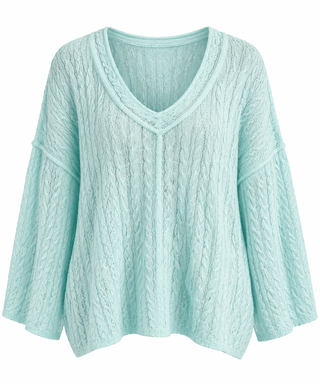 Cable Knit V-Neck Sweater - Mint