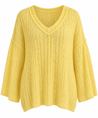 Cable Knit V-Neck Sweater - Yellow