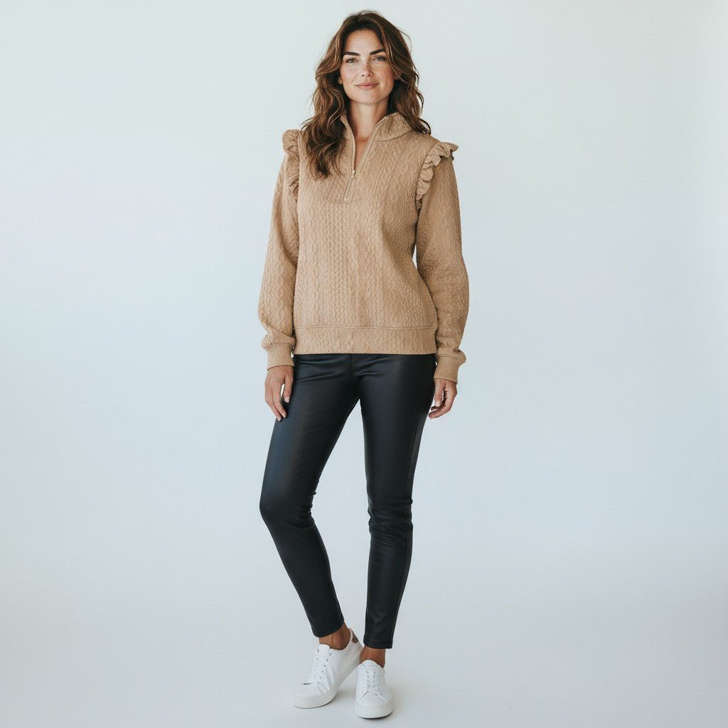Cable Ruffle Half-Zip Knit Top - Taupe-130 Long Sleeve Tops-Umgee-Coastal Bloom Boutique, find the trendiest versions of the popular styles and looks Located in Indialantic, FL