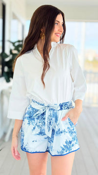 Café Stroll Tie Waist Shorts - Blue