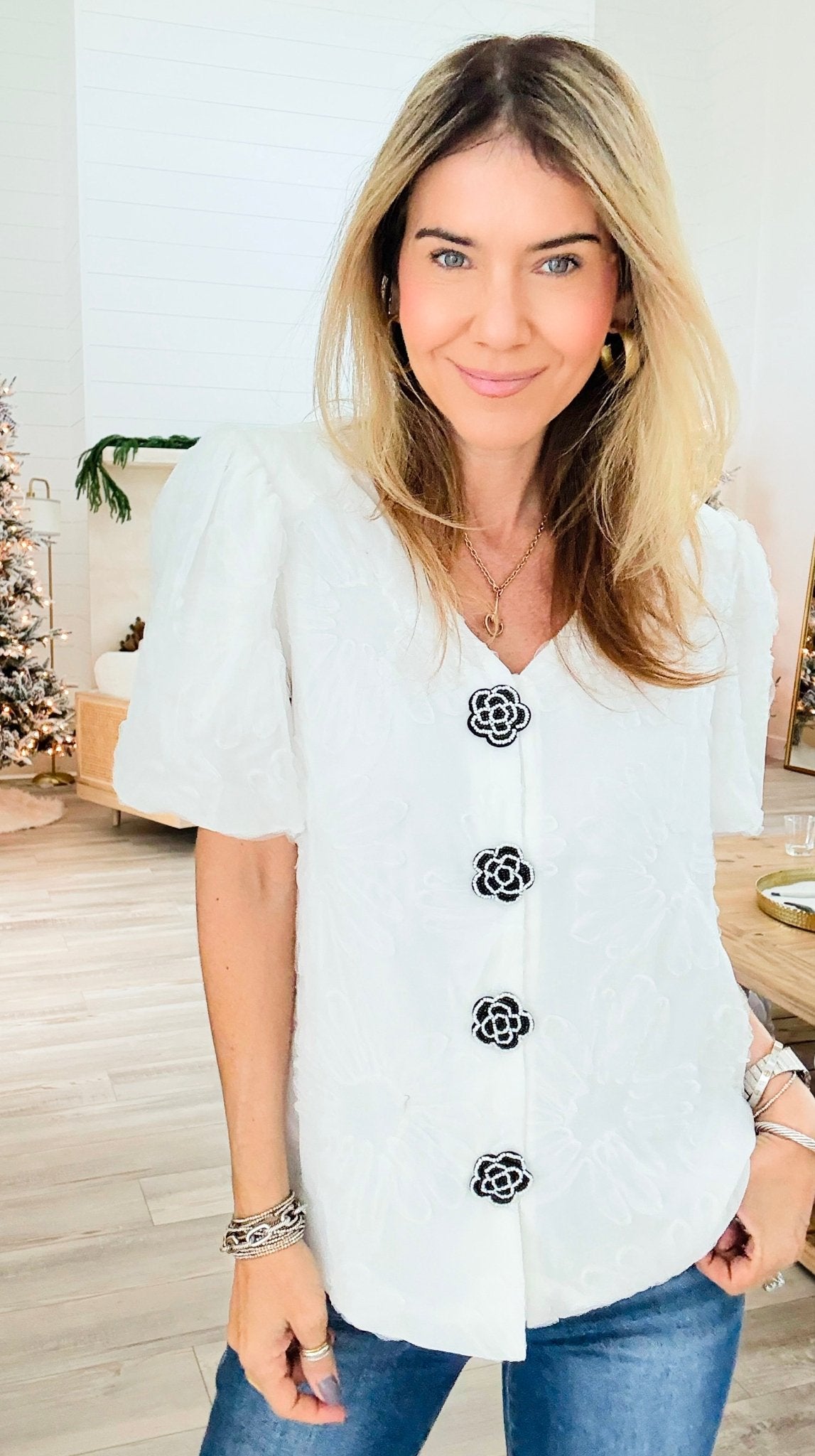 Camellia Crush Puff Blouse - JOH-110 Short Sleeve Tops-Joh Apparel-Coastal Bloom Boutique, find the trendiest versions of the popular styles and looks Located in Indialantic, FL