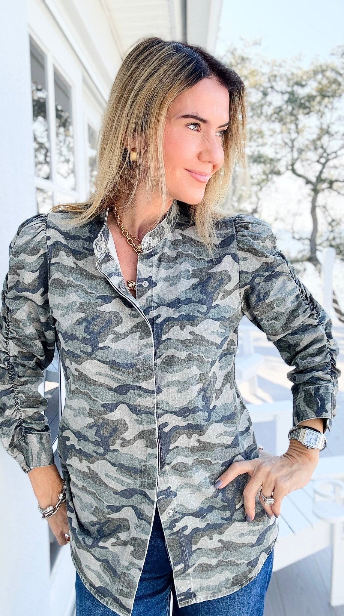 Camo Cinched Printed Jacket-160 Jackets-NoaBoa-Coastal Bloom Boutique, find the trendiest versions of the popular styles and looks Located in Indialantic, FL