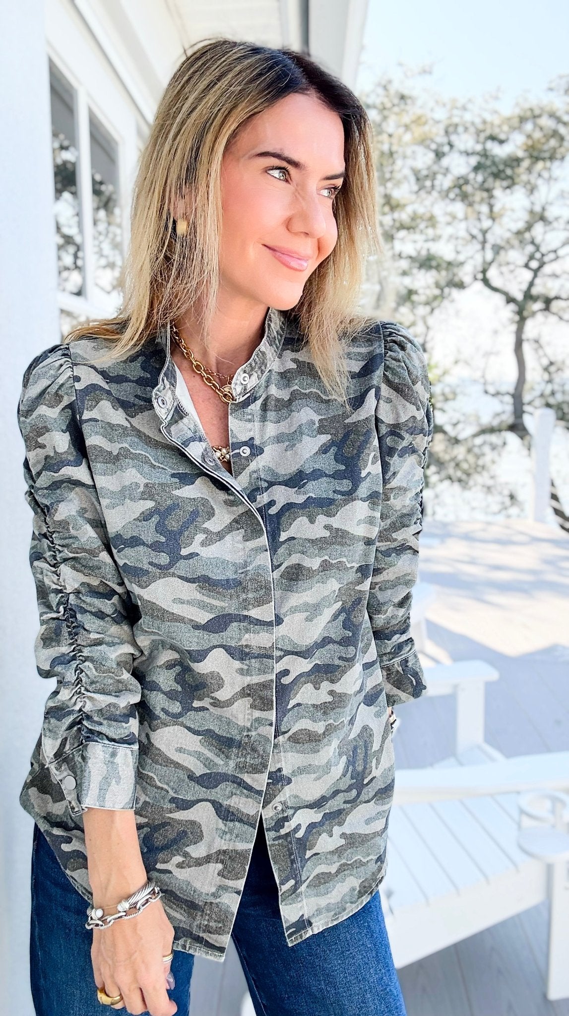 Camo Cinched Printed Jacket-160 Jackets-NoaBoa-Coastal Bloom Boutique, find the trendiest versions of the popular styles and looks Located in Indialantic, FL
