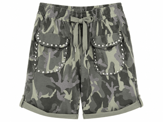Camo Studded Pocket Italian Jogger Shorts- Olive