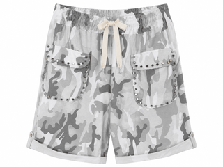 Camo Studded Pocket Italian Jogger Shorts- White