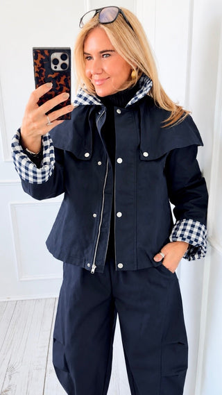 Cape Plaid Collar Jacket - Navy