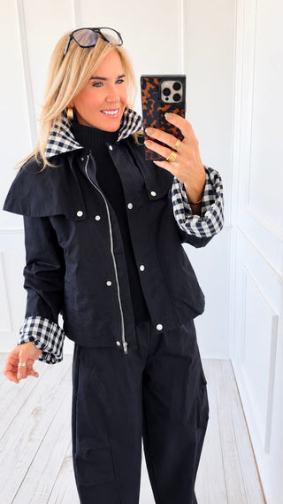 Cape Plaid Collar Jacket - Navy