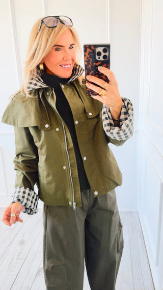 Cape Plaid Collar Jacket - Olive