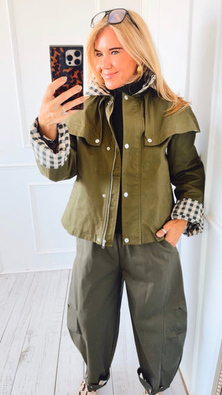 Cape Plaid Collar Jacket - Olive