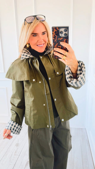 Cape Plaid Collar Jacket - Olive