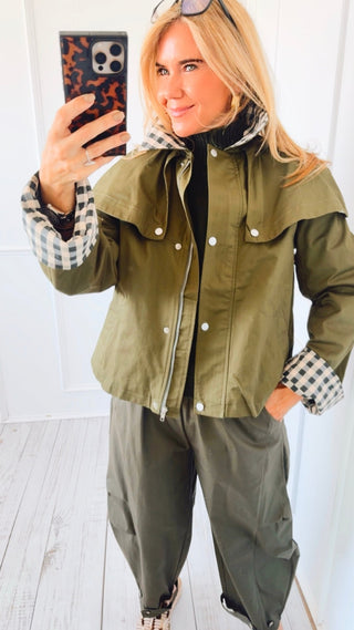 Cape Plaid Collar Jacket - Olive