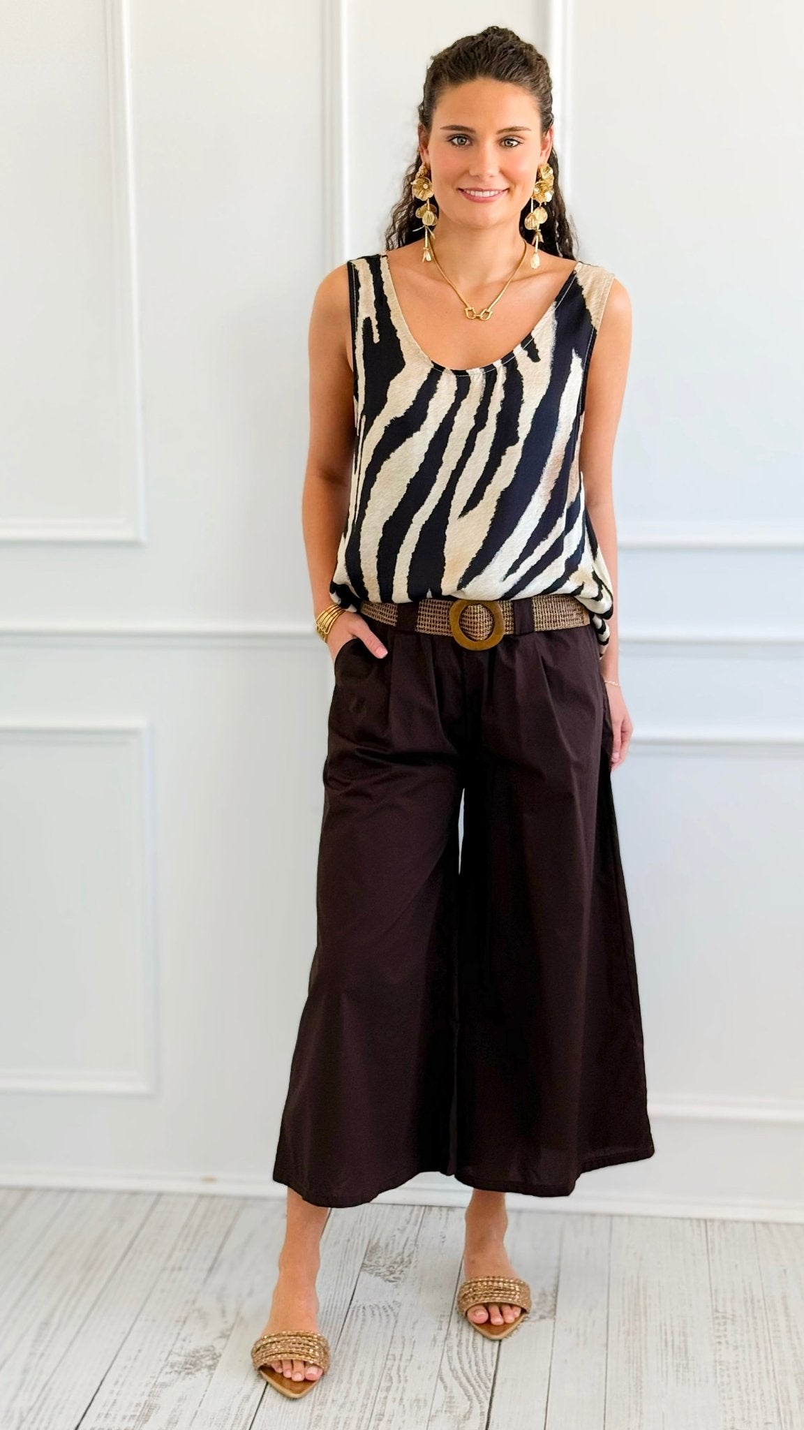 Capri Belted Italian Pant- Chocolate