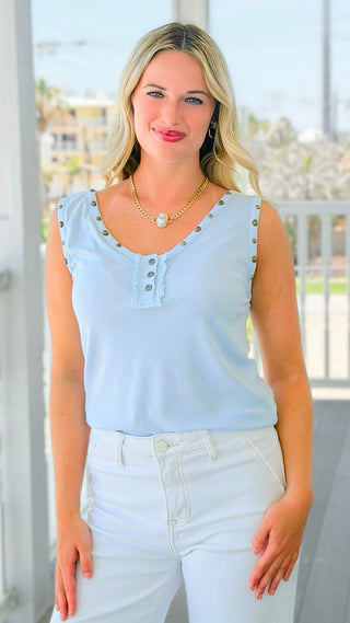 Casual Sleeveless Studded Knit Top - Baby Blue