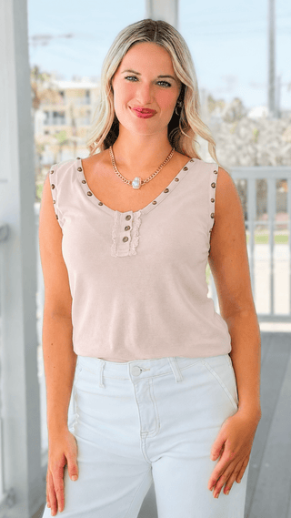 Casual Sleeveless Studded Knit Top - Baby Pink