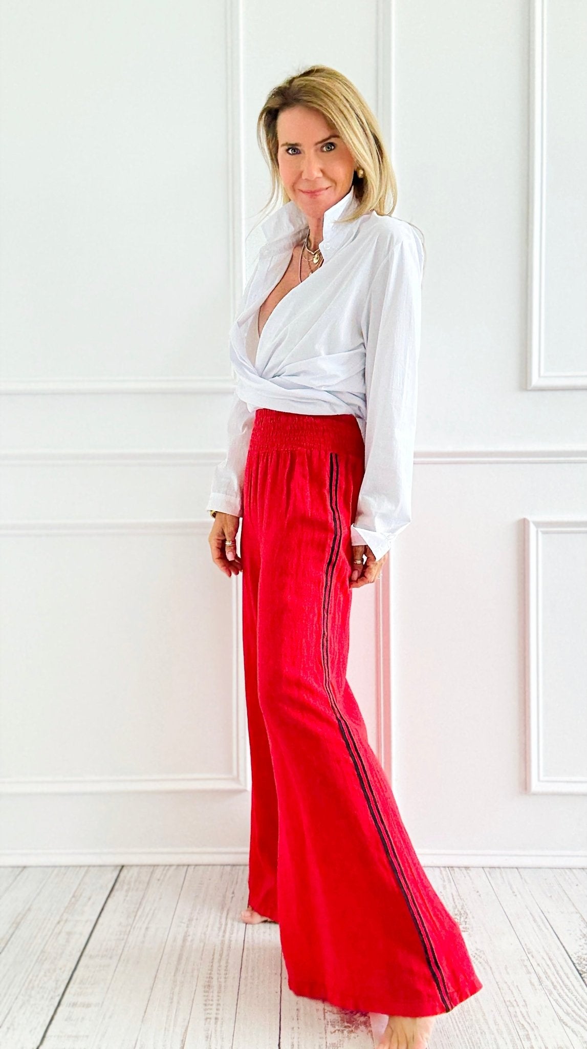 CB Custom - Luxe Mini Stripe Born Free Palazzo - Red-170 Bottoms-Italianissimo / Holly-Coastal Bloom Boutique, find the trendiest versions of the popular styles and looks Located in Indialantic, FL