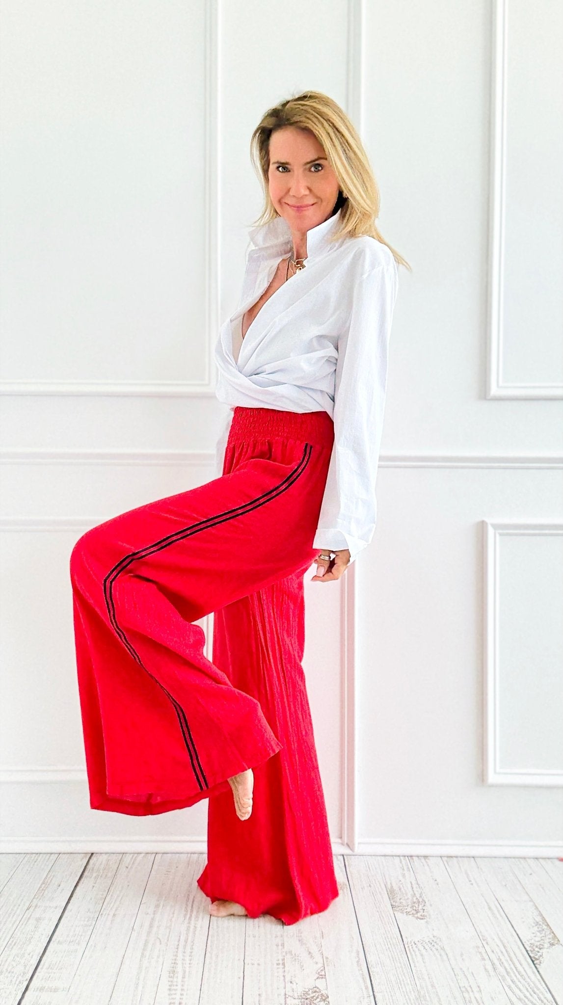 CB Custom - Luxe Mini Stripe Born Free Palazzo - Red-170 Bottoms-Italianissimo / Holly-Coastal Bloom Boutique, find the trendiest versions of the popular styles and looks Located in Indialantic, FL