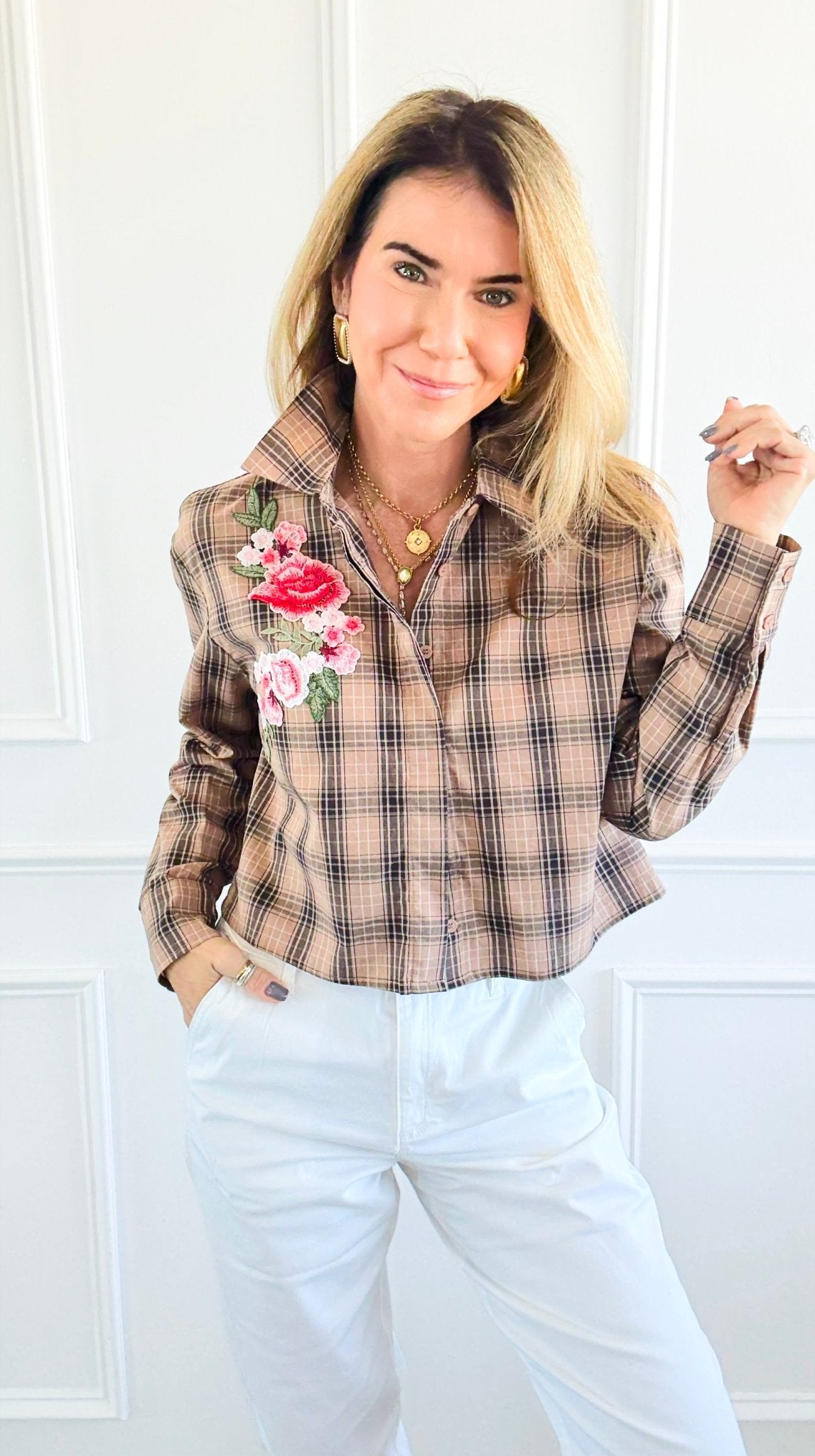 CB Custom - Wildflower Plans Button Down Top-110 Long Sleeve Tops-Active Basic / Holly-Coastal Bloom Boutique, find the trendiest versions of the popular styles and looks Located in Indialantic, FL