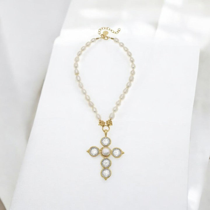 French Franc Cross Pearl Necklace - Susan Shaw-230 Jewelry-SUSAN SHAW-Coastal Bloom Boutique, find the trendiest versions of the popular styles and looks Located in Indialantic, FL