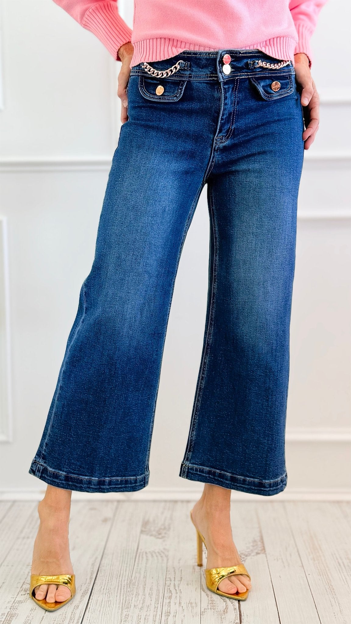 Chain Detail Cropped Jean-190 Denim-RISEN JEANS-Coastal Bloom Boutique, find the trendiest versions of the popular styles and looks Located in Indialantic, FL
