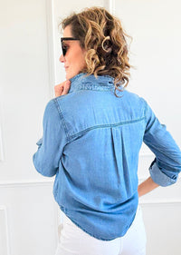Chambray Wash Button Down Top-110 Long Sleeve Tops-Blu Pepper-Coastal Bloom Boutique, find the trendiest versions of the popular styles and looks Located in Indialantic, FL