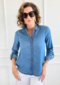 Chambray Wash Button Down Top-110 Long Sleeve Tops-Blu Pepper-Coastal Bloom Boutique, find the trendiest versions of the popular styles and looks Located in Indialantic, FL