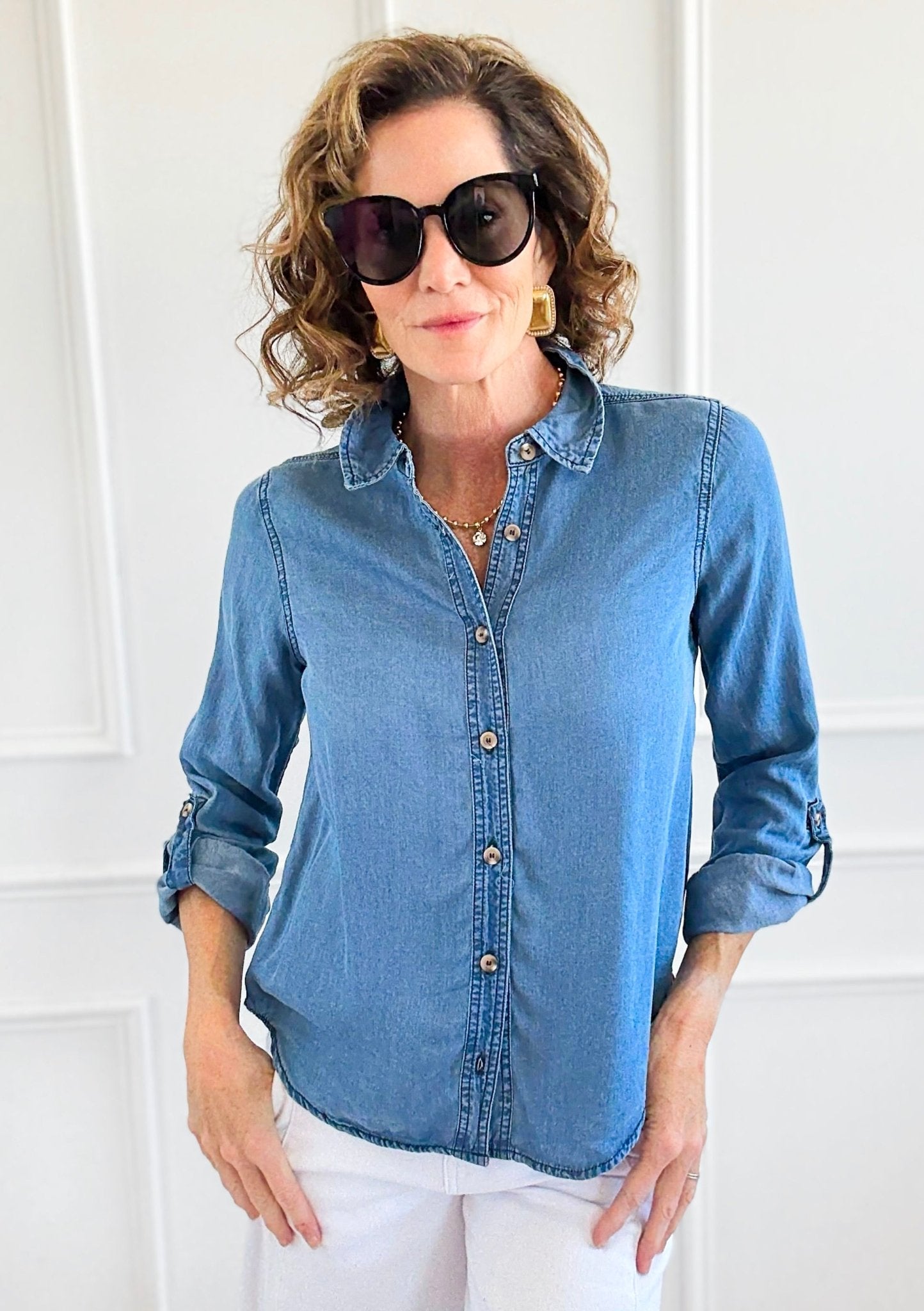 Chambray Wash Button Down Top-110 Long Sleeve Tops-Blu Pepper-Coastal Bloom Boutique, find the trendiest versions of the popular styles and looks Located in Indialantic, FL