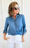 Chambray Wash Button Down Top-110 Long Sleeve Tops-Blu Pepper-Coastal Bloom Boutique, find the trendiest versions of the popular styles and looks Located in Indialantic, FL