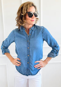 Chambray Wash Button Down Top-110 Long Sleeve Tops-Blu Pepper-Coastal Bloom Boutique, find the trendiest versions of the popular styles and looks Located in Indialantic, FL