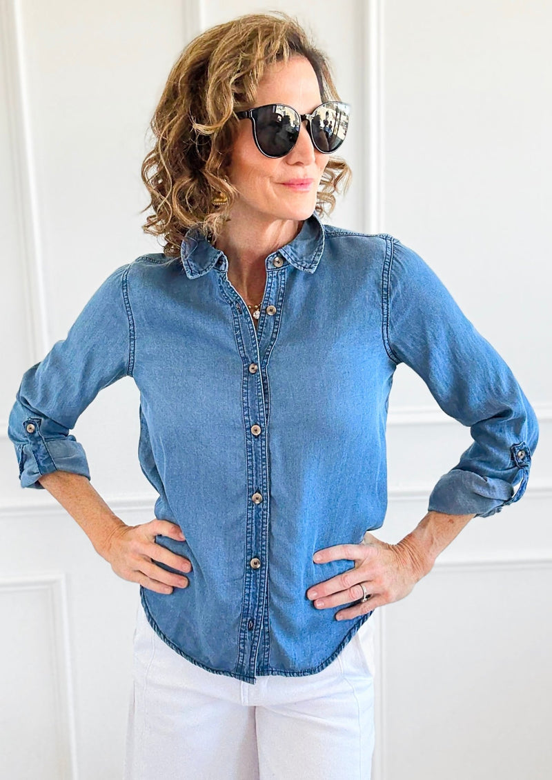 Chambray Wash Button Down Top-110 Long Sleeve Tops-Blu Pepper-Coastal Bloom Boutique, find the trendiest versions of the popular styles and looks Located in Indialantic, FL