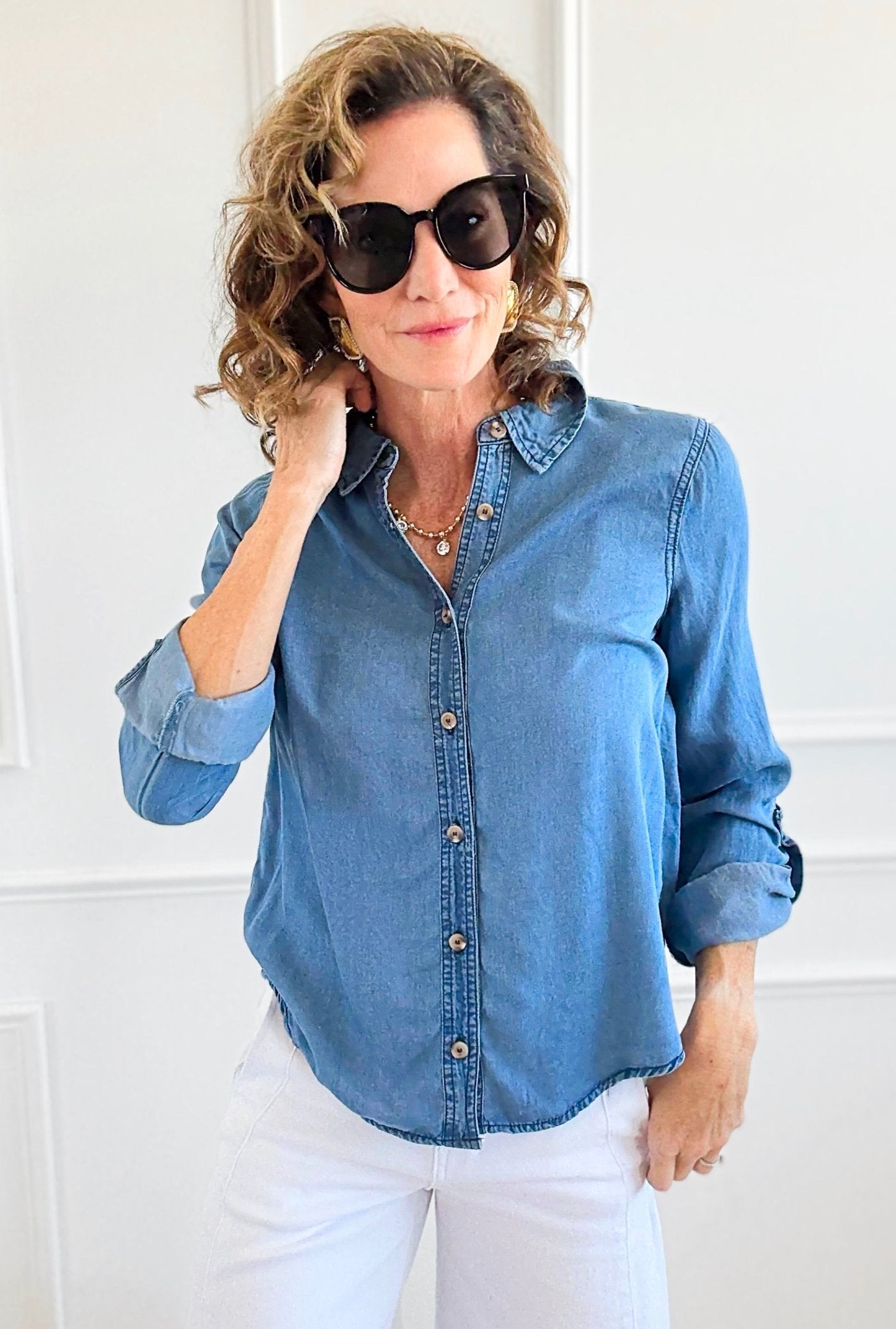 Chambray Wash Button Down Top-110 Long Sleeve Tops-Blu Pepper-Coastal Bloom Boutique, find the trendiest versions of the popular styles and looks Located in Indialantic, FL