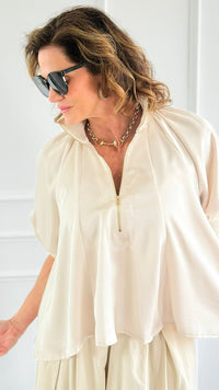 Champagne Whisper Satin Top - Cream-110 short Sleeve Top-GLAM-Coastal Bloom Boutique, find the trendiest versions of the popular styles and looks Located in Indialantic, FL