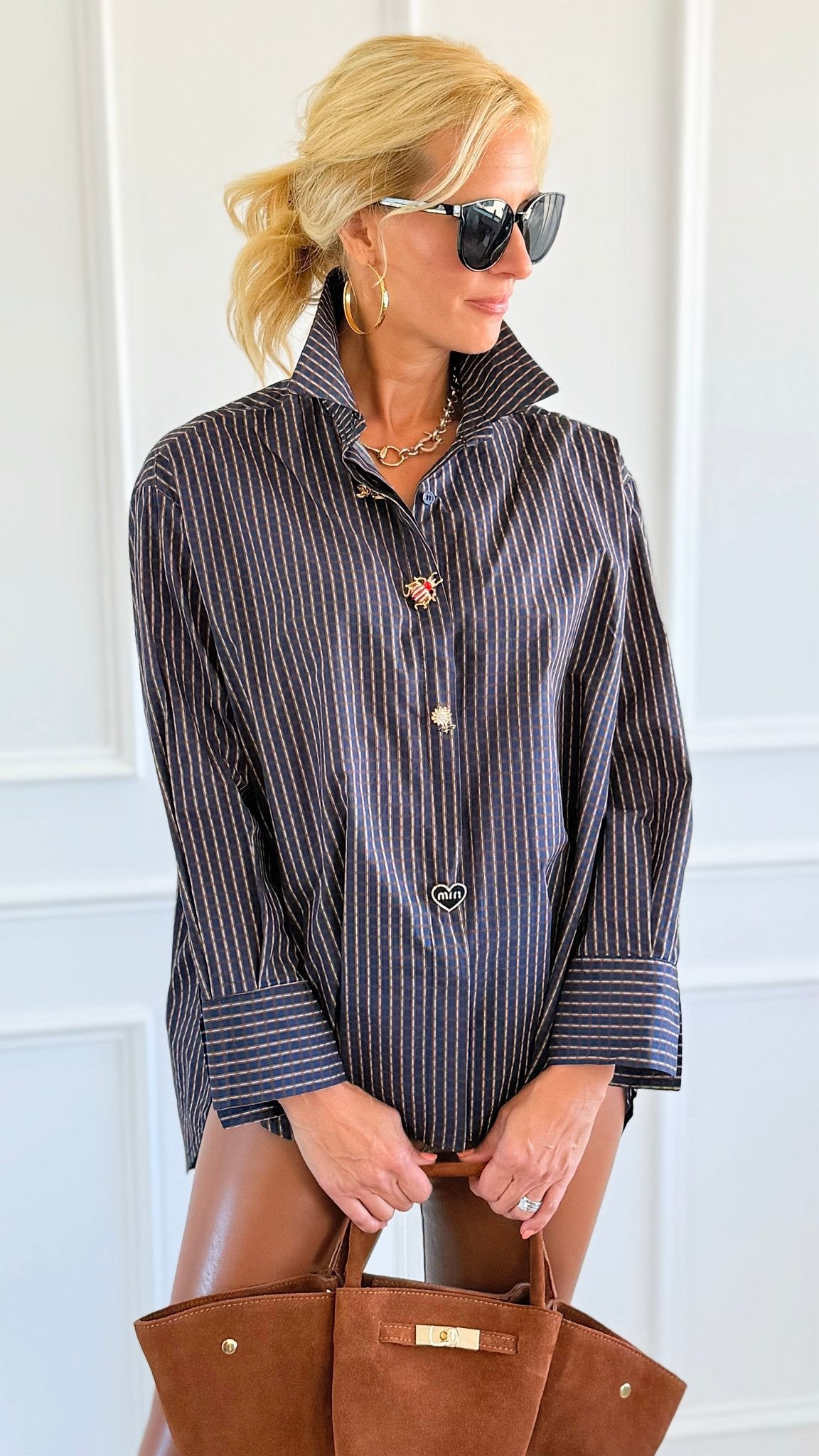 Charmed Checked Italian Woven Top-110 Long Sleeve Tops-TATTOO Z-Coastal Bloom Boutique, find the trendiest versions of the popular styles and looks Located in Indialantic, FL