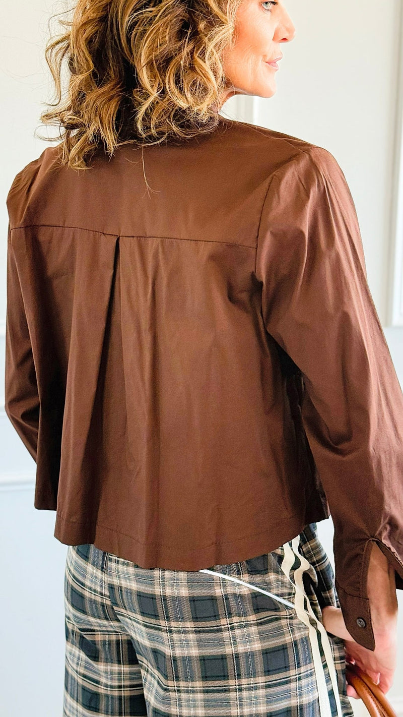 Charmed Elegance Italian Button Down Blouse- Brown-110 Long Sleeve Tops-TATTOO Z-Coastal Bloom Boutique, find the trendiest versions of the popular styles and looks Located in Indialantic, FL