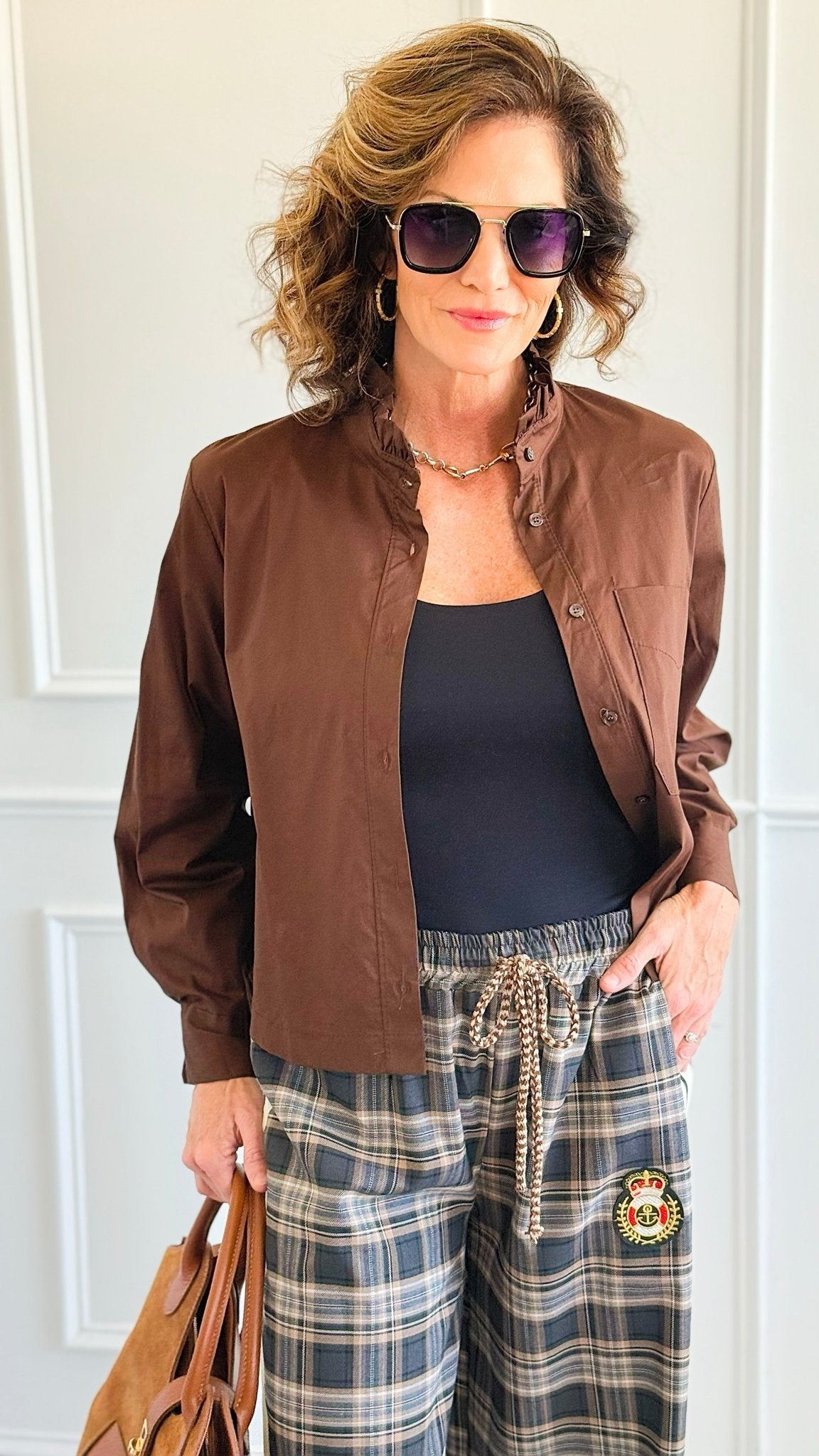 Charmed Elegance Italian Button Down Blouse- Brown-110 Long Sleeve Tops-TATTOO Z-Coastal Bloom Boutique, find the trendiest versions of the popular styles and looks Located in Indialantic, FL
