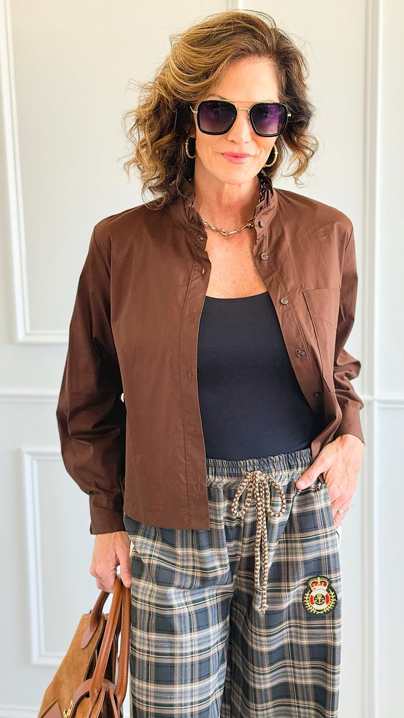 Charmed Elegance Italian Button Down Blouse- Brown-110 Long Sleeve Tops-TATTOO Z-Coastal Bloom Boutique, find the trendiest versions of the popular styles and looks Located in Indialantic, FL