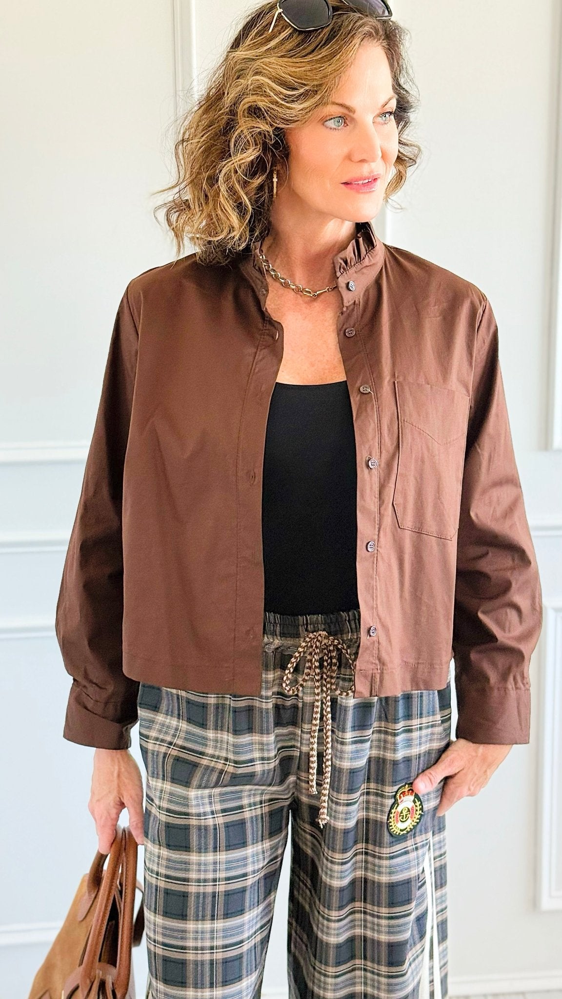 Charmed Elegance Italian Button Down Blouse- Brown-110 Long Sleeve Tops-TATTOO Z-Coastal Bloom Boutique, find the trendiest versions of the popular styles and looks Located in Indialantic, FL