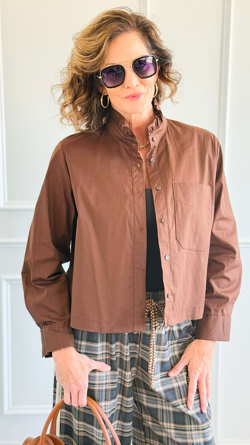 Charmed Elegance Italian Button Down Blouse- Brown-110 Long Sleeve Tops-TATTOO Z-Coastal Bloom Boutique, find the trendiest versions of the popular styles and looks Located in Indialantic, FL