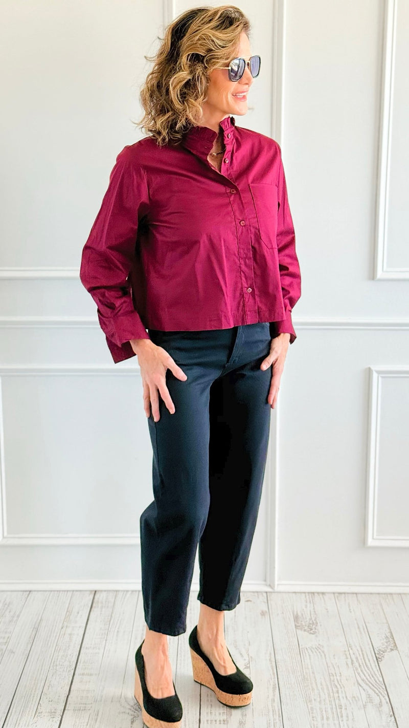 Charmed Elegance Italian Button Down Blouse- Burgundy-110 Long Sleeve Tops-TATTOO Z-Coastal Bloom Boutique, find the trendiest versions of the popular styles and looks Located in Indialantic, FL