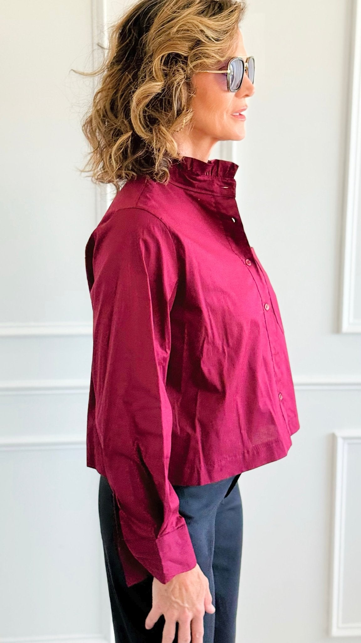 Charmed Elegance Italian Button Down Blouse- Burgundy-110 Long Sleeve Tops-TATTOO Z-Coastal Bloom Boutique, find the trendiest versions of the popular styles and looks Located in Indialantic, FL