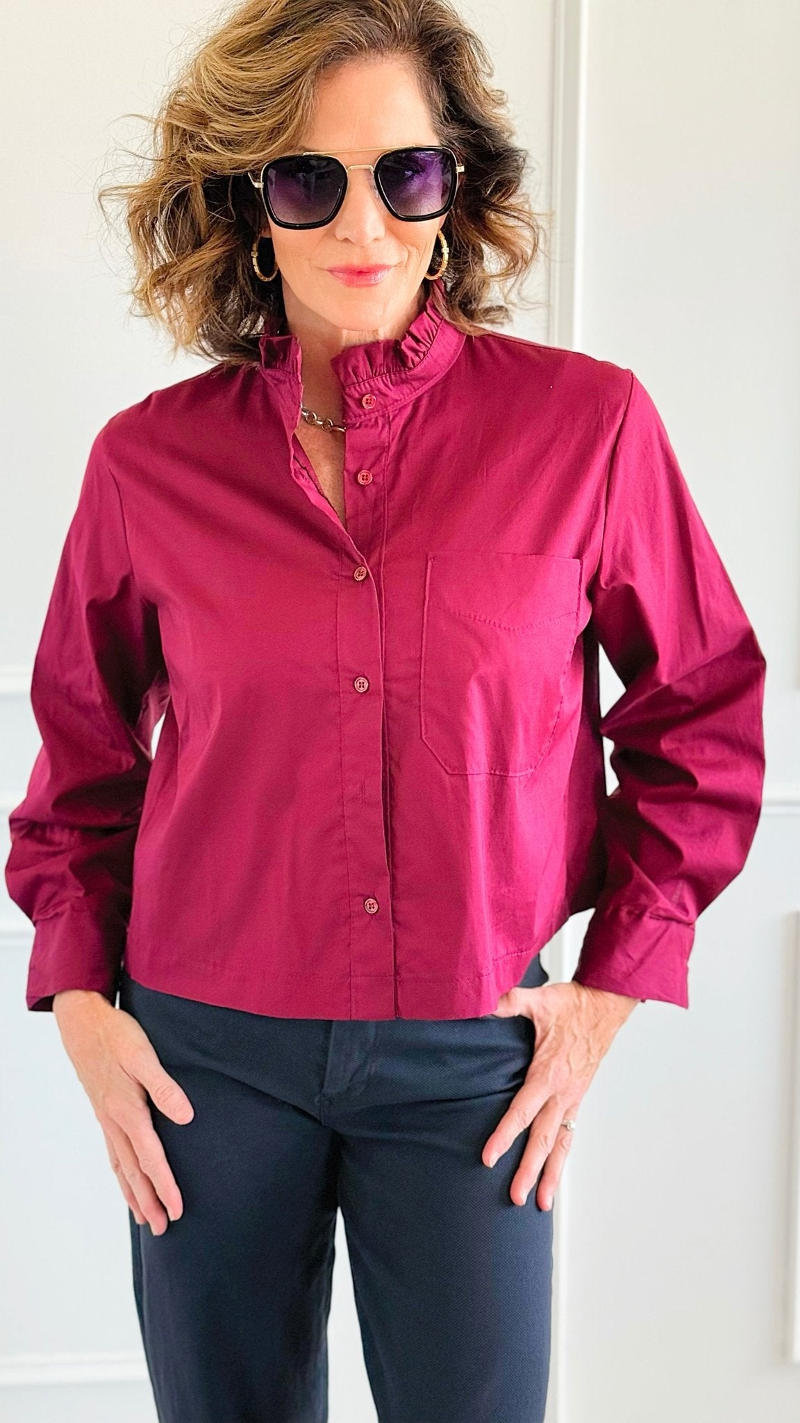 Charmed Elegance Italian Button Down Blouse- Burgundy-110 Long Sleeve Tops-TATTOO Z-Coastal Bloom Boutique, find the trendiest versions of the popular styles and looks Located in Indialantic, FL