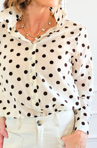Charmed In Dots Italian Button Up Top- Ivory-170 Bottoms-AZUL MONACO-Coastal Bloom Boutique, find the trendiest versions of the popular styles and looks Located in Indialantic, FL