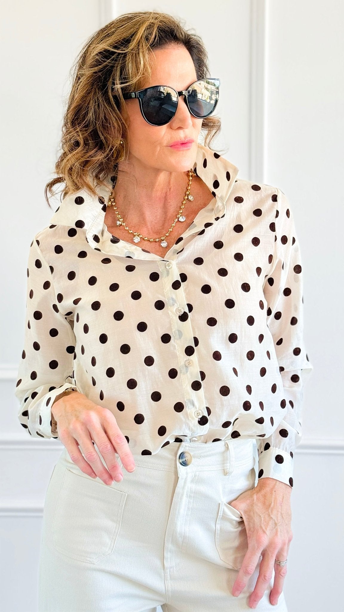 Charmed In Dots Italian Button Up Top- Ivory-170 Bottoms-AZUL MONACO-Coastal Bloom Boutique, find the trendiest versions of the popular styles and looks Located in Indialantic, FL